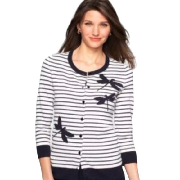 Talbots Black Cream Striped Dragon Fly Cardigan Sweater Size Mp - Picture 1 of 7
